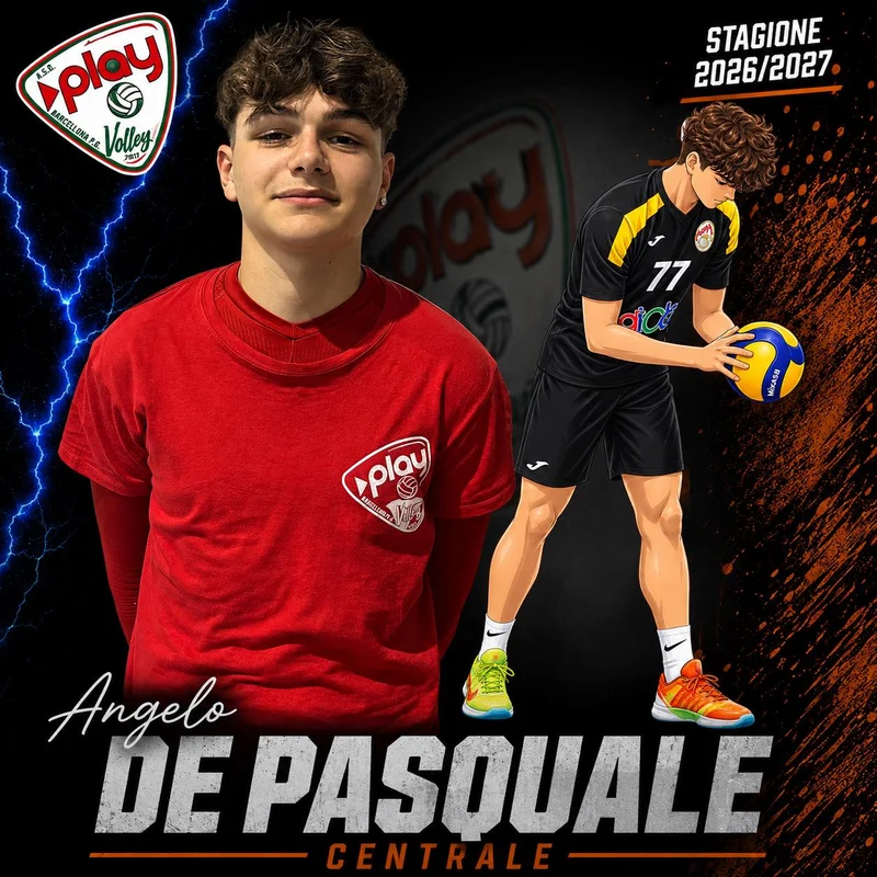 Ritratto di Angelo De Pasquale nella grafica ufficiale Play Volley 2026/27