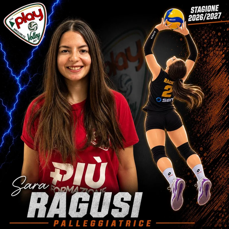 Ritratto di Sara Ragusi nella grafica ufficiale Play Volley 2026/27